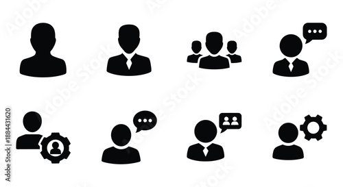 Black silhouettes depicting groups of people pairs and individuals with icons