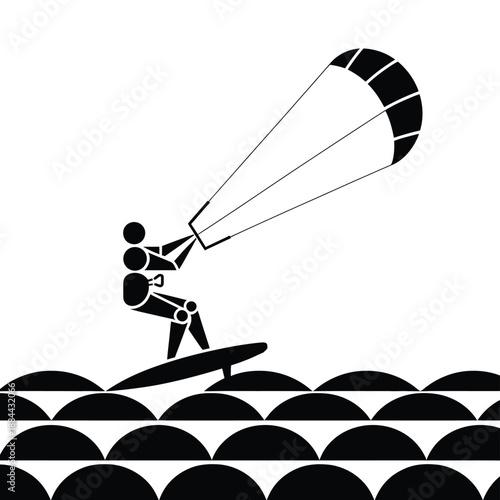 Person kiteboarding over waves isolated on white background, Vector, illustration