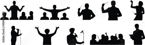 Orchestra conductor silhouette illustration collection featuring music direction gestures, live concert performance, leadership concept isolated on white background, vector art