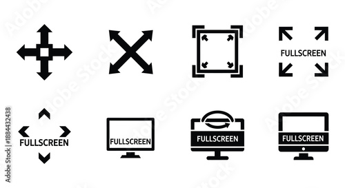 Collection of black and white icons depicting directional arrows and screen controls