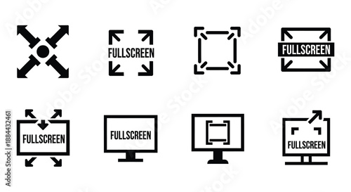 Collection of black and white icons depicting directional arrows and screen controls
