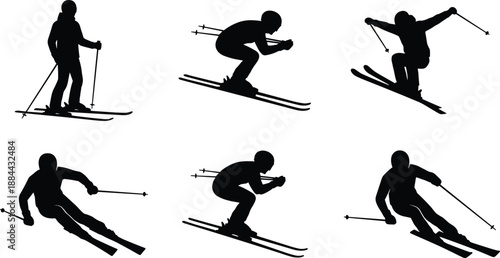 Skiing silhouettes set showing downhill ski jumps and turns, black vector winter sport athletes isolated on white background for alpine, recreation and action design projects