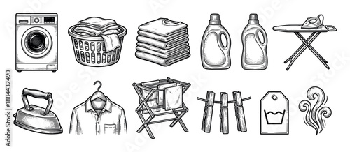 Laundry service and household chore icons set including a washing machine, iron, detergent, and basket in a vintage black and white engraving style illustration