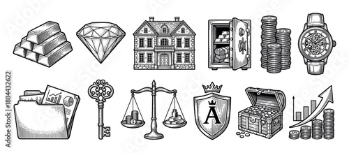 Collection of vintage financial and wealth icons including a mansion, safe, diamond, gold bars, and coins, illustrated in a detailed black and white engraving sketch style