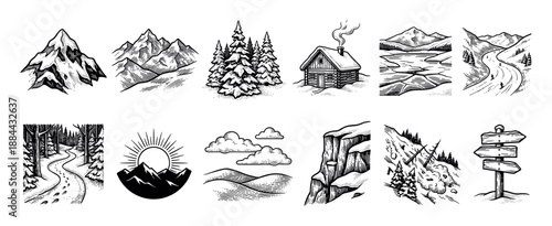 Set of twelve hand-drawn winter landscape icons in a vintage woodcut style showing snowy mountains, a cozy log cabin, pine trees, an avalanche, and a forest path