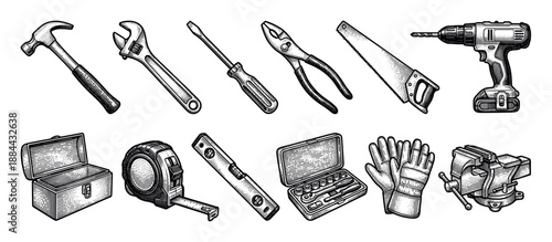 Collection of black and white hand tools including a hammer, wrench, screwdriver, saw, and drill, illustrated in a detailed vintage engraving or woodcut artistic style