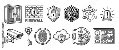 Set of cybersecurity and technology icons in a vintage hand-drawn engraving style, featuring a server, firewall, shield, key, fingerprint, vault, and surveillance camera