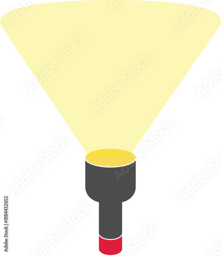 Minimal flat vector illustration of a flashlight emitting a wide yellow light beam. Simple modern design with clean shapes and solid colors, suitable for concepts related to illumination