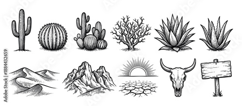 Hand-drawn desert elements collection with cactus, agave, bull skull, mountains, sand dunes, and sun in a retro black and white engraving sketch style