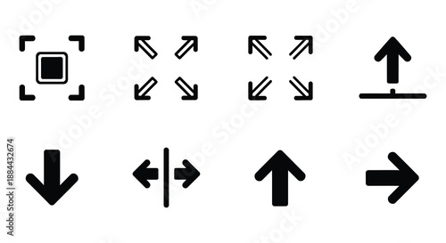 Collection of black and white icons depicting directional arrows and screen controls
