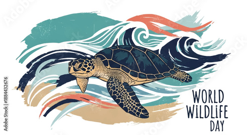 Sea Turtle Swimming in Ocean Waves World Wildlife Day Art Camera Angle: Low-Angle / Side Profile Underwater Action Perspective