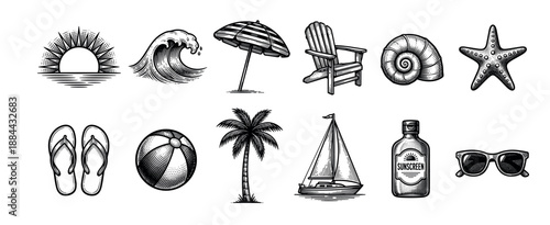 Collection of twelve summer beach icons in a black and white vintage woodcut style including a palm tree, wave, sailboat, starfish, and other vacation symbols