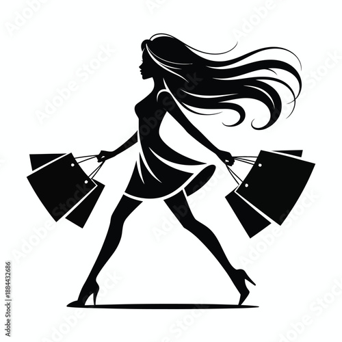 Woman carrying shopping bags isolated on white background, Vector, illustration