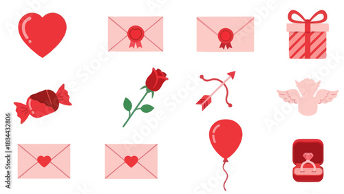 Valentine's Day Icons: Heart, Rose, Gift, Ring, Cupid, Candy, Envelopes, Balloon