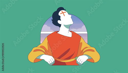 Young man looking up with cross on forehead in front of blue sky and green field, Ash Wednesday