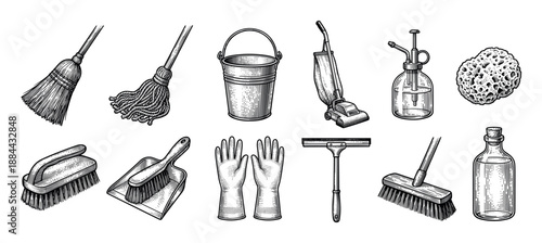 Collection of vintage cleaning tools and household supplies including a mop, broom, bucket, vacuum, and gloves, rendered in a detailed black and white engraving illustration style