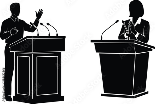 Political debate silhouette illustration featuring male and female speakers at podiums, microphones, public speech concept isolated on white background