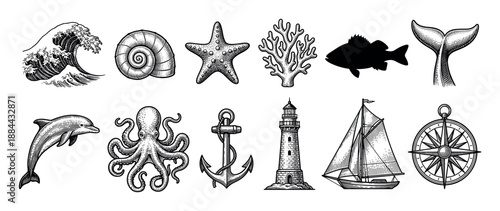 Set of vintage black nautical illustrations featuring a wave, octopus, anchor, lighthouse, sailboat, and compass in a detailed hand-drawn engraving or woodcut art style