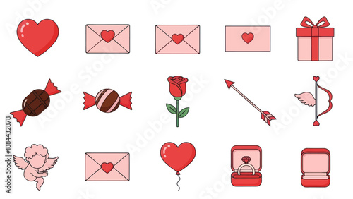 Valentine's Day Icons Set: Hearts, Envelopes, Rose, Gift, Candy, Ring, Cupid