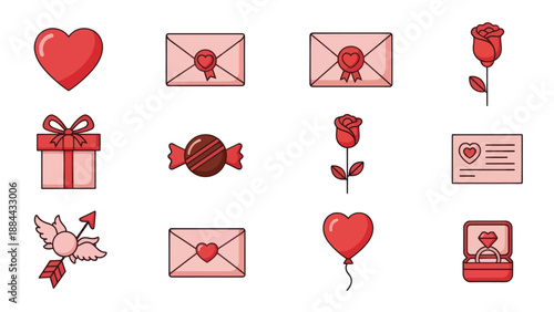 Valentine's Day Icons: Hearts, Roses, Envelopes, Gift Box, Ring, Candy, Love Bird