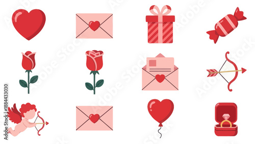 Valentine's Day Icons: Heart, Rose, Gift, Cupid, Ring, Love Symbols Collection