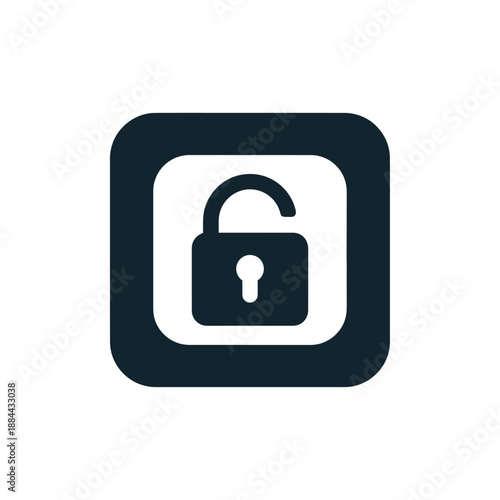 Minimalist icon representing unlocked padlock in a square frame viewed from directly above