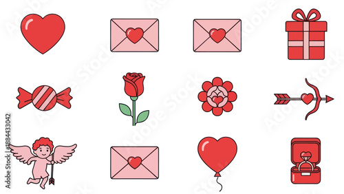 Valentine's Day Icons Collection: Hearts, Envelopes, Rose, Cupid, Gift, Ring, Balloon