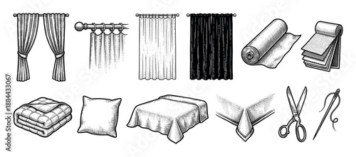 Home textile and sewing equipment collection with curtains, fabric roll, bedding, pillow, scissors, and needle, drawn in a retro monochrome woodcut illustration style