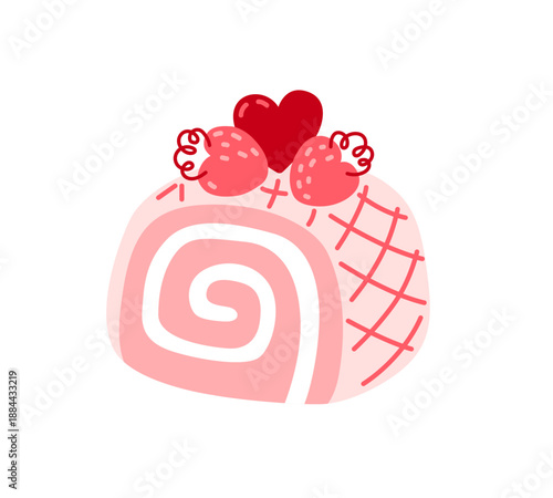 Swiss roll with strawberry. Pink cake. Romantic festive dessert for Valentine's Day or anniversary. Hand-drawn vector illustration.