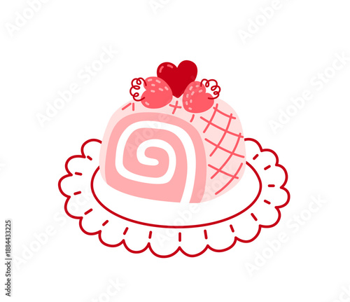 Swiss roll with strawberry. Pink cake. Romantic festive dessert for Valentine's Day or anniversary. Hand-drawn vector illustration.