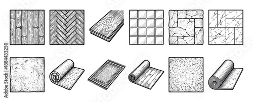 Set of different flooring materials including wood, parquet, tile, stone, marble, carpet, and linoleum, illustrated in a detailed vintage black and white engraving style