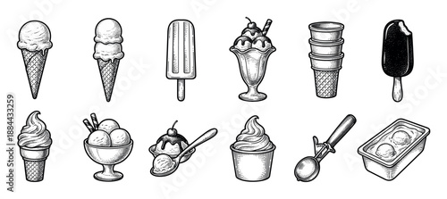 Large set of vintage ice cream illustrations in a detailed black and white engraving style, showing cones, sundaes, popsicles, soft serve, and scoops for a classic dessert menu