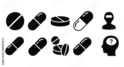 Black and white icons depicting pills capsules and pharmaceutical investigation