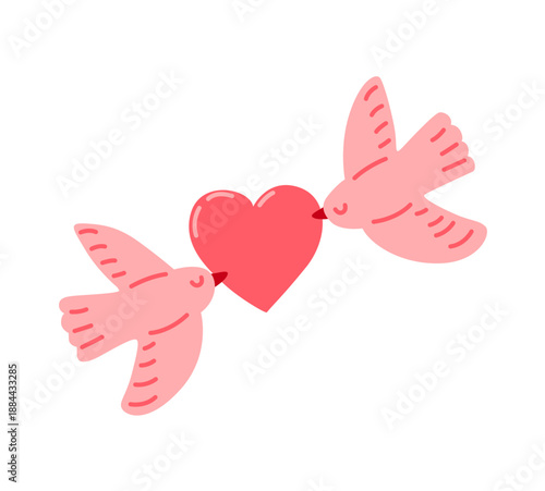Two lovebirds holding a heart. Romantic Valentine's Day symbol. Hand-drawn vector illustration.