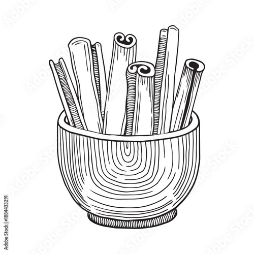 Hand-drawn graphic illustration of cinnamon sticks in a wooden bowl in detailed sketch style isolated on white background