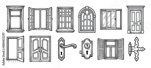Set of vintage hand drawn doors, windows, and hardware elements in a classic black and white engraving style, featuring various architectural details like locks, hinges, and handles
