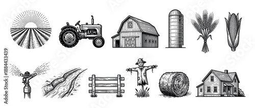 Set of farm and agriculture illustrations in a vintage black and white engraving style, depicting a tractor, barn, silo, wheat, corn, scarecrow, and farmhouse