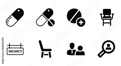 Black and white icons depicting pills capsules and pharmaceutical investigation