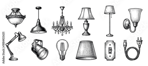 Set of vintage lighting fixtures and electrical components in a detailed black and white engraving style, including various lamps, a chandelier, lightbulb, switch, and plug