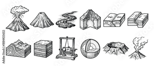 Set of vintage geology and earth science illustrations showing volcano eruption, tectonic plates, earth core, and seismograph in a black and white engraving style