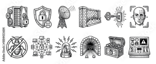 Set of twelve cybersecurity icons in a vintage engraving style showing a firewall, server, key, shield, and other symbols of data protection and digital threats