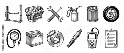 Set of car service and repair icons including an engine, tools, battery, wheel, and diagnostic scanner, presented in a detailed black and white vintage engraving style