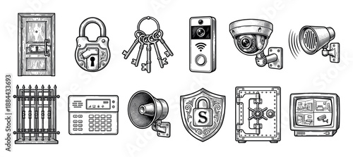 Home security and protection equipment icon set featuring a CCTV camera, safe, lock, keys, alarm, and doorbell in a detailed black and white vintage woodcut illustration style
