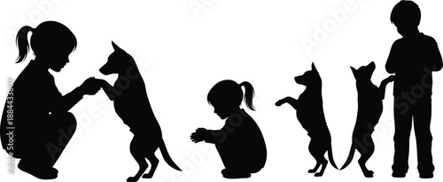 Silhouette Illustration of Children Interacting Playfully with Dogs, Black and White Companionship Scene