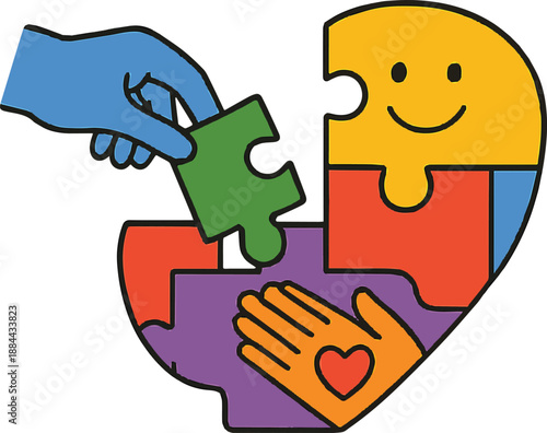 A hand in a blue glove is placing a green puzzle piece into a larger, incomplete puzzle.