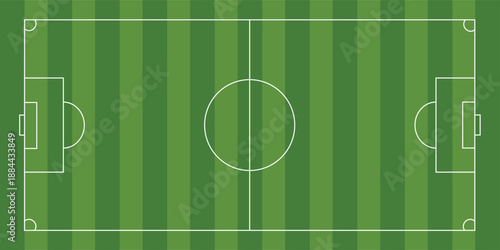 Top-down aerial view of a green soccer field with white markings, including the center circle, penalty areas, and goals.eps,10