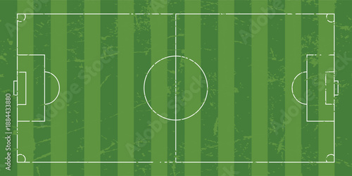 Top-down aerial view of a green soccer field with white markings, including the center circle, penalty areas, and goals.eps,10