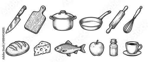 Set of vintage kitchen utensils and food ingredients drawn in a detailed black and white engraving style, featuring a knife, pot, pan, bread, cheese, fish, apple, and coffee