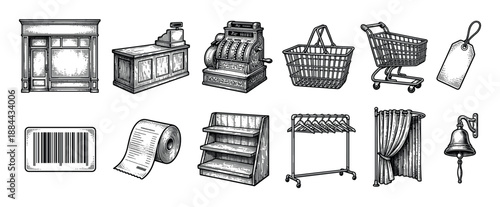 Set of vintage shopping and retail icons including a storefront, cash register, cart, basket, and barcode, illustrated in a detailed black and white engraving sketch style