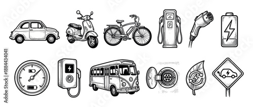 Set of electric vehicle and charging station icons in a vintage black and white engraving style, including a car, scooter, bicycle, bus, plug, and battery for green transport